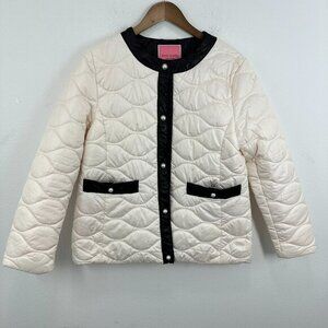 Kate Spade Quilted Puffer Coat Jacket Ivory Black Trim‎ Pearl Buttons Size L